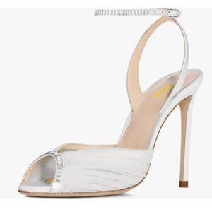 FSJ White Peep Toe Rhinestone Mesh High Heels Adjustable Ankle Strap Sandals